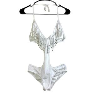 White Monokini, Fringe, Rhinestones, S/M, Roma Costume, Rave Festival Swim Sexy
